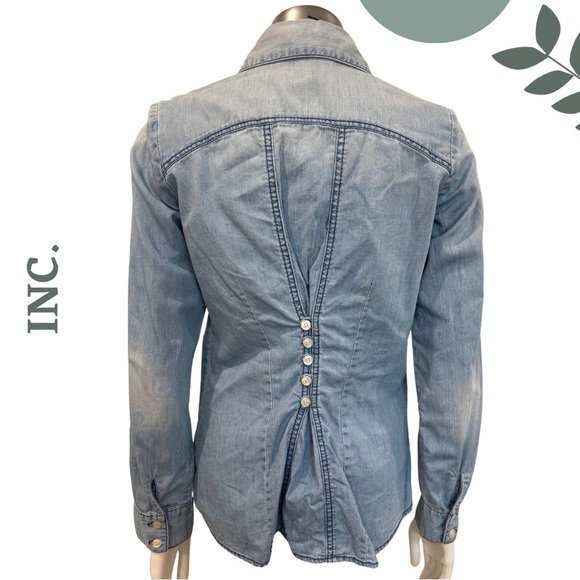 🛍️3/$40 INC Chambray Denim Button-Down Shirt Long Sleeve Lace Up Detail – Size 4 - Picture 4 of 7